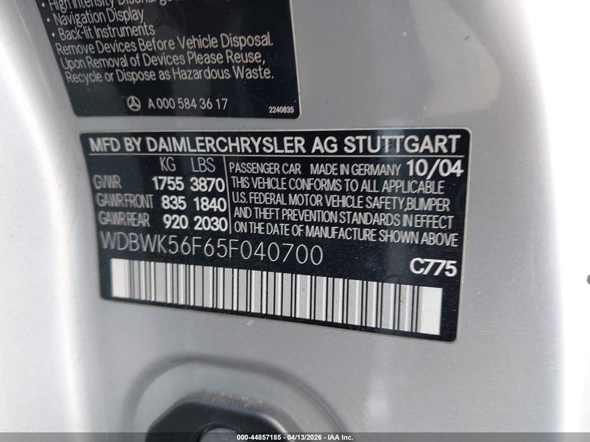 2005 Mercedes-Benz Slk 350 VIN: WDBWK56F65F040700 Lot: 44857185