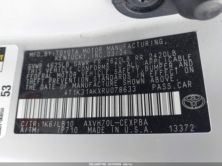 2024 Toyota Camry Hybrid Xse VIN: 4T1K31AKXRU078633 Lot: 44857186