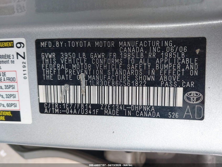 2006 Toyota Matrix Xr VIN: 2T1LR30E86C561822 Lot: 44857197