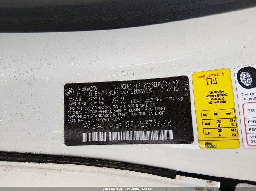 2011 BMW Z4 Sdrive30I VIN: WBALM5C52BE377678 Lot: 44857209
