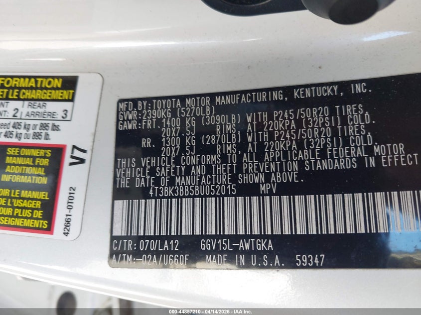 2011 Toyota Venza Base V6 VIN: 4T3BK3BB5BU052015 Lot: 44857210