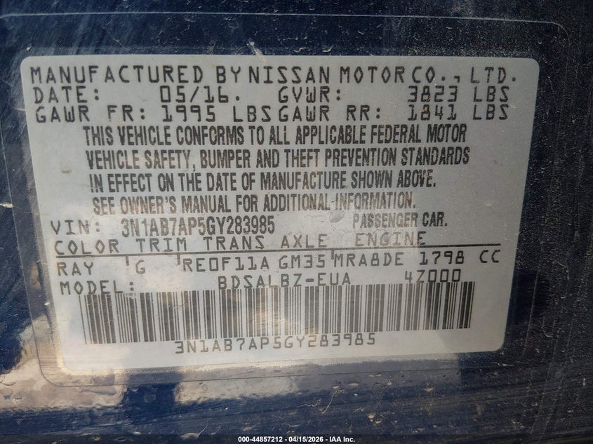 2016 Nissan Sentra S VIN: 3N1AB7AP5GY283985 Lot: 44857212