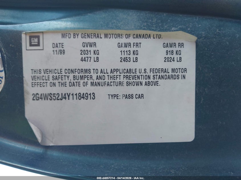 2000 Buick Century Custom VIN: 2G4WS52J4Y1184913 Lot: 44857214