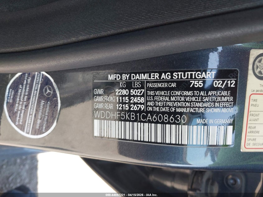 2012 Mercedes-Benz E 350 VIN: WDDHF5KB1CA608630 Lot: 44857221