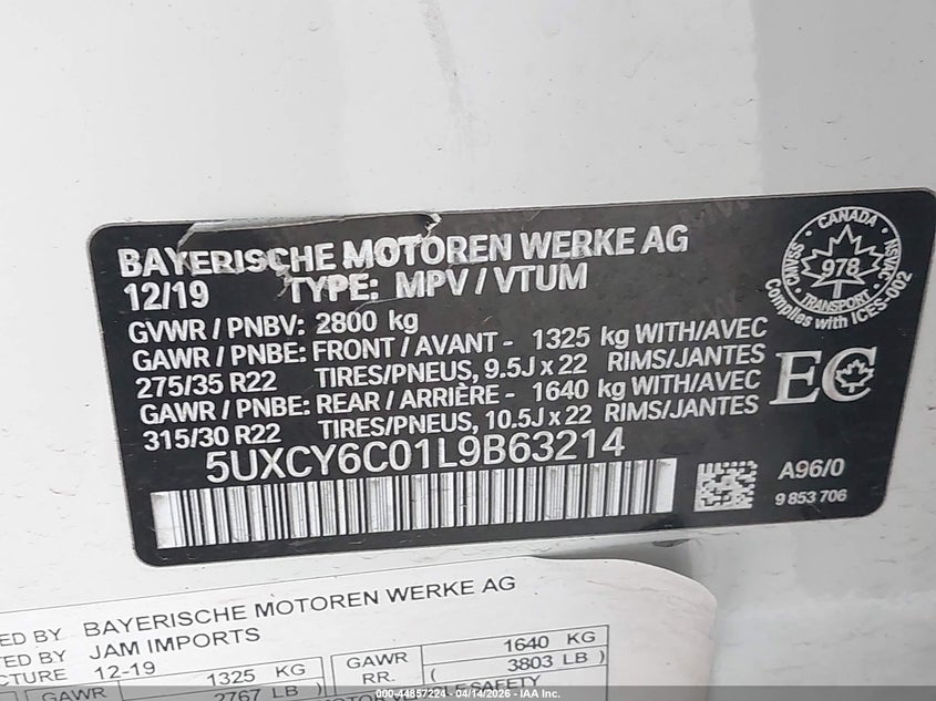 VIN: 5UXCY6C01L9B63214 2020 BMW X6 XDRIVE40I