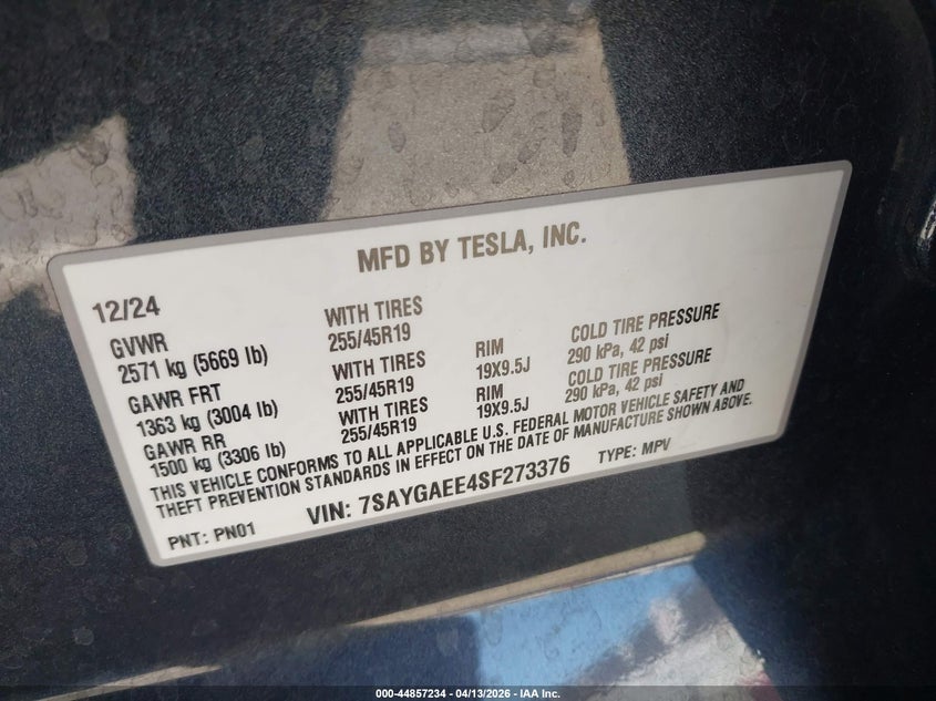 2025 Tesla Model y Long Range Dual Motor All-Wheel Drive grey Lot 111044857234 Vin 7SAYGAEE4SF273376