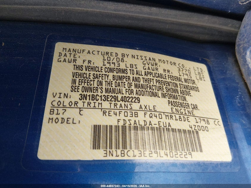 2009 Nissan Versa 1.8S VIN: 3N1BC13E29L402229 Lot: 44857243