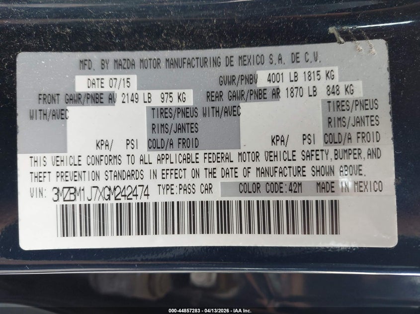 2016 Mazda 3 2.0 I Sport blue Lot 111044857283 Vin 3MZBM1J7XGM242474