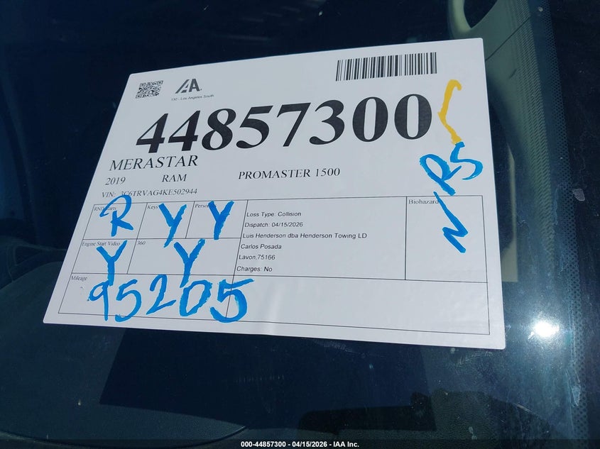 2019 Ram Promaster 1500 Low Roof 136 Wb VIN: 3C6TRVAG4KE502944 Lot: 44857300