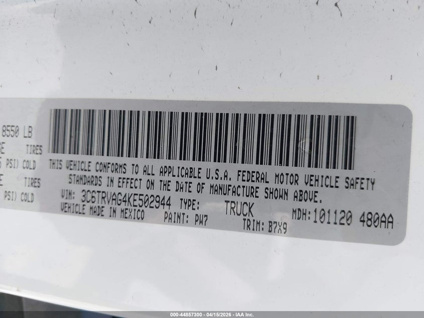 2019 Ram Promaster 1500 Low Roof 136 Wb VIN: 3C6TRVAG4KE502944 Lot: 44857300