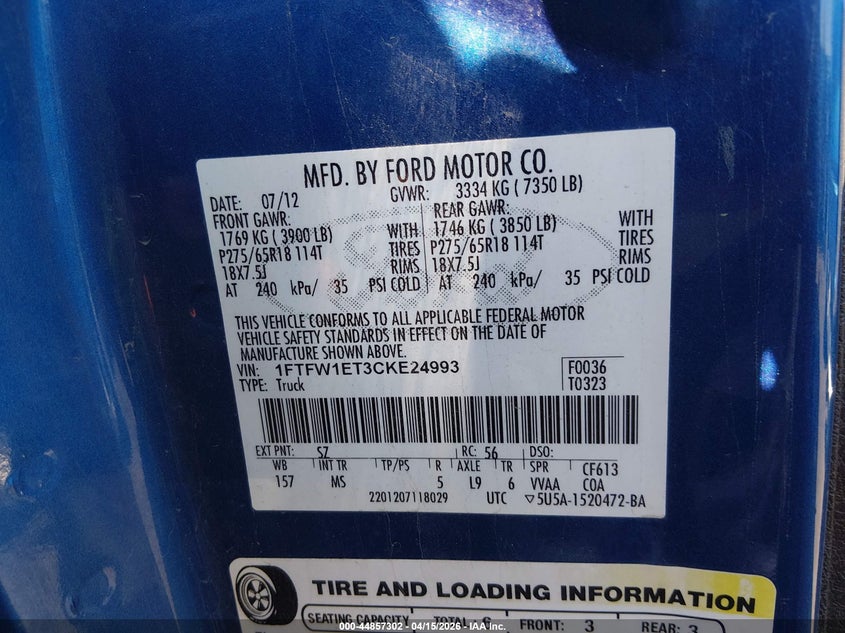 2012 Ford F-150 Xlt VIN: 1FTFW1ET3CKE24993 Lot: 44857302