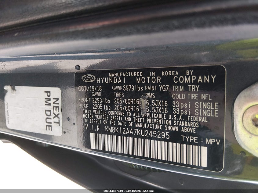 2019 Hyundai Kona Se VIN: KM8K12AA7KU245295 Lot: 44857349