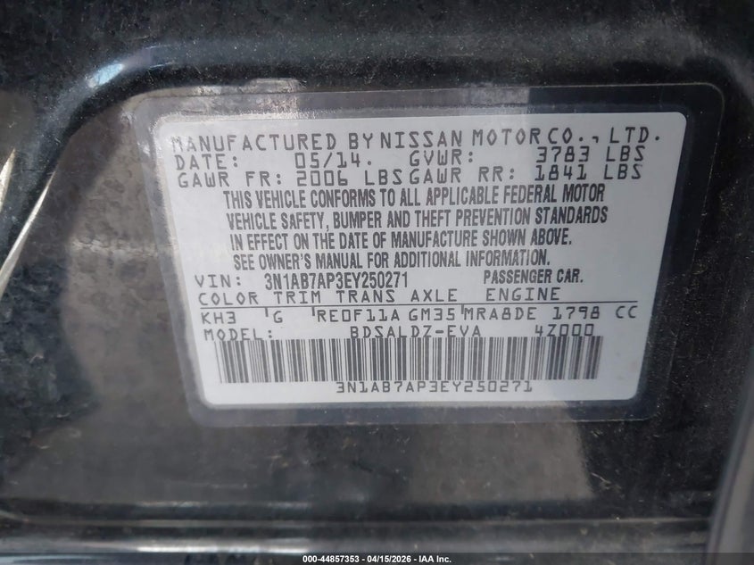2014 Nissan Sentra Sv VIN: 3N1AB7AP3EY250271 Lot: 44857353