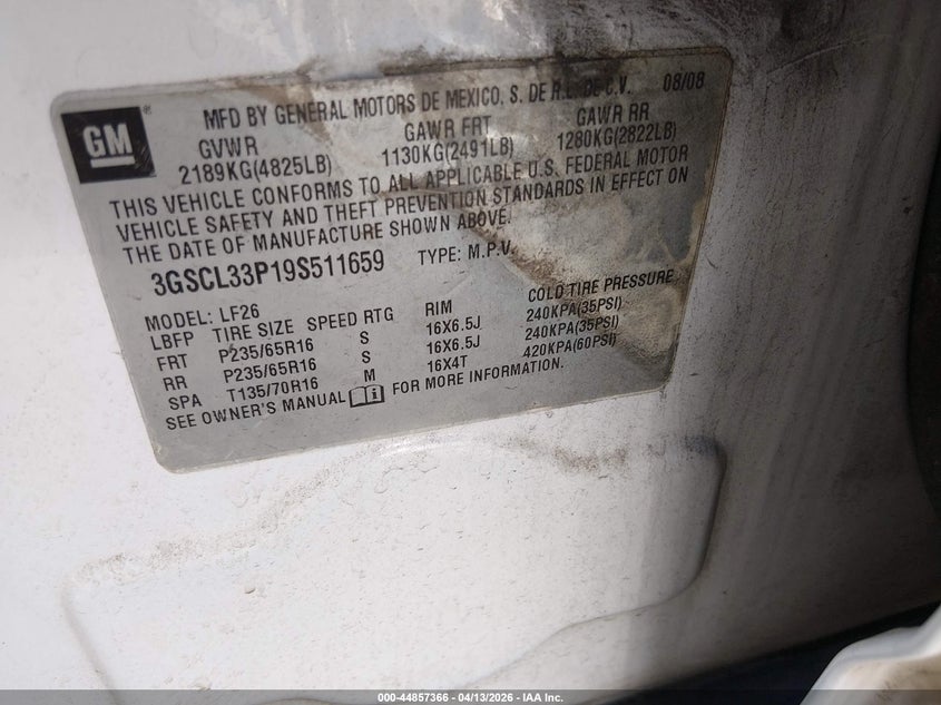 2009 Saturn Vue 4-Cyl Xe VIN: 3GSCL33P19S511659 Lot: 44857366