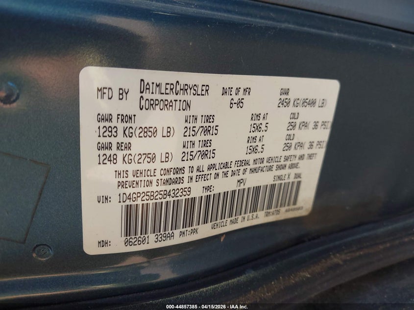 2005 Dodge Caravan Se VIN: 1D4GP25B25B432359 Lot: 44857385