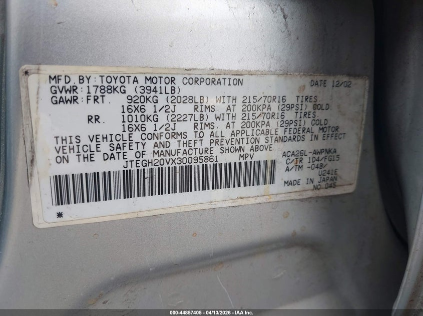 2003 Toyota Rav4 VIN: JTEGH20VX30095861 Lot: 44857405