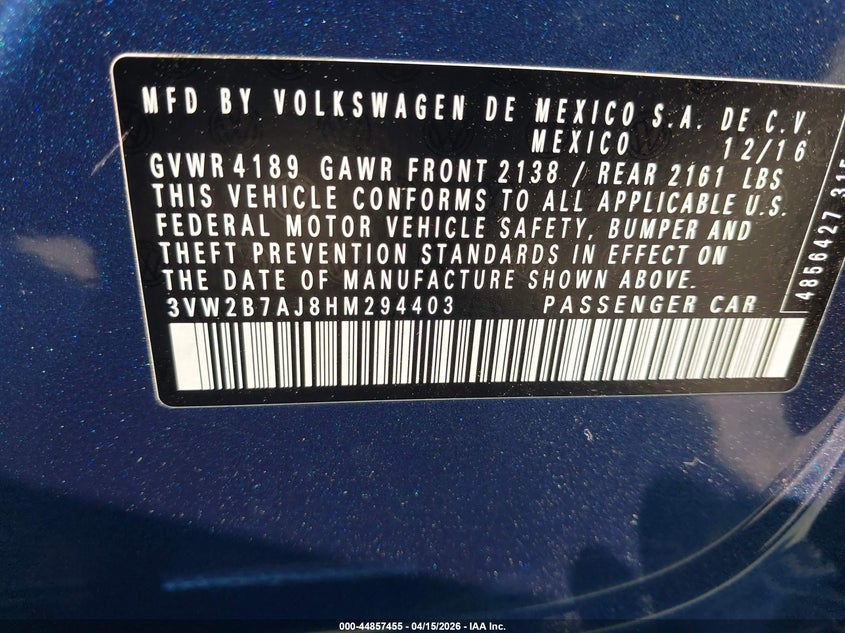 2017 Volkswagen Jetta 1.4T S VIN: 3VW2B7AJ8HM294403 Lot: 44857455