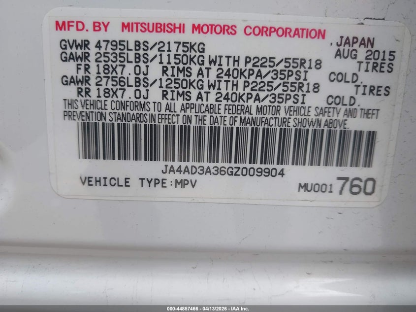 2016 Mitsubishi Outlander Se VIN: JA4AD3A36GZ009904 Lot: 44857466