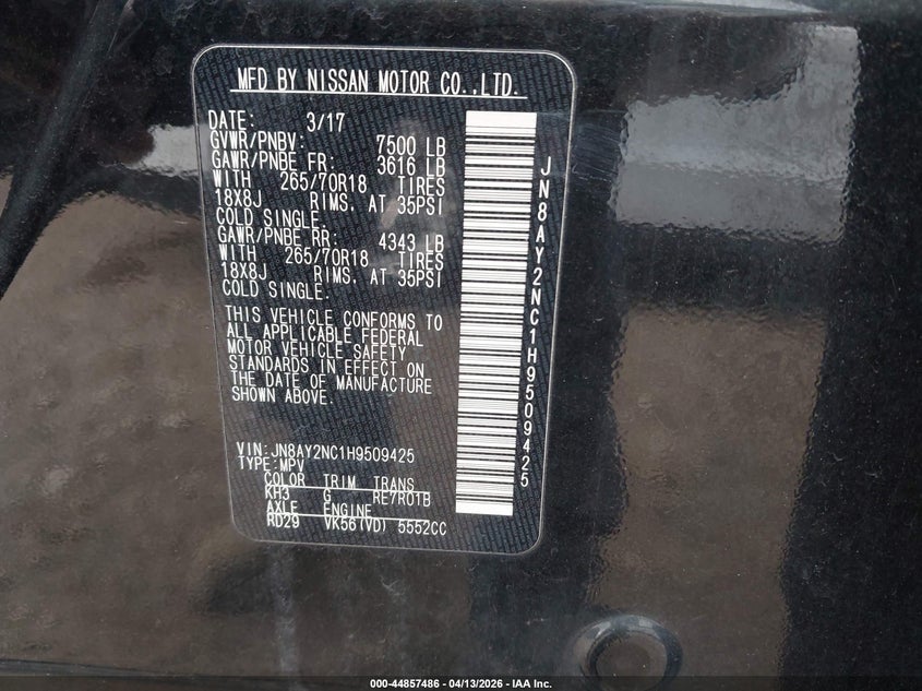 2017 Nissan Armada Sv VIN: JN8AY2NC1H9509425 Lot: 44857486