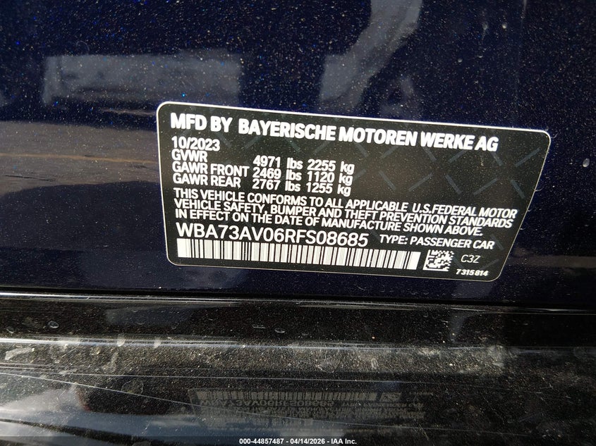 2024 BMW 430I Gran Coupe xDrive VIN: WBA73AV06RFS08685 Lot: 44857487