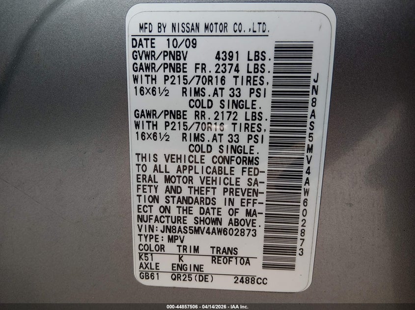 2010 Nissan Rogue S VIN: JN8AS5MV4AW602873 Lot: 44857506