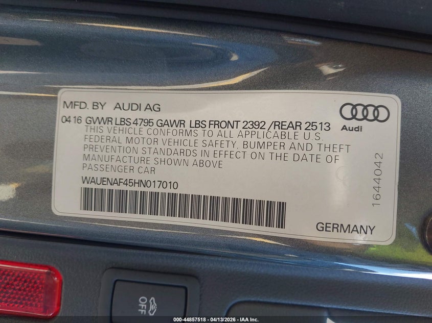 2017 Audi A4 2.0T Premium VIN: WAUENAF45HN017010 Lot: 44857518