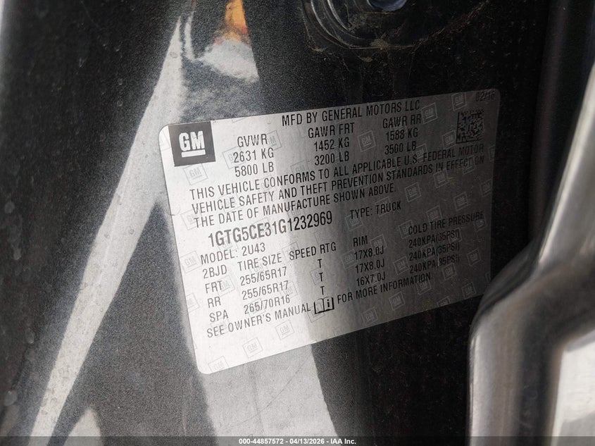 2016 GMC Canyon Sle VIN: 1GTG5CE31G1232969 Lot: 44857572