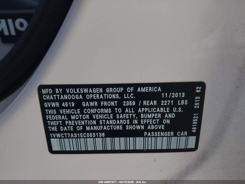 2014 Volkswagen Passat 1.8 1.8T Sel Premium white Lot 111044857577 Vin 1VWCT7A31EC053136