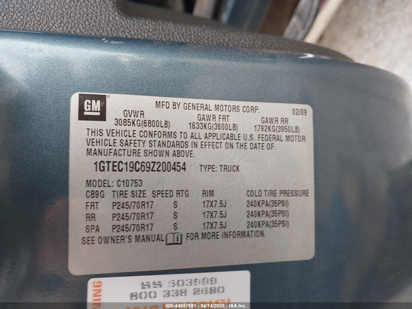 2009 GMC Sierra 1500 Sl VIN: 1GTEC19C69Z200454 Lot: 44857591