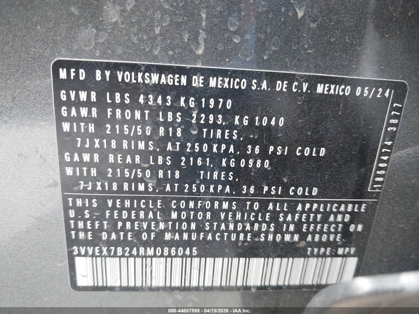 2024 Volkswagen Taos 1.5T Se VIN: 3VVEX7B24RM086045 Lot: 44857598