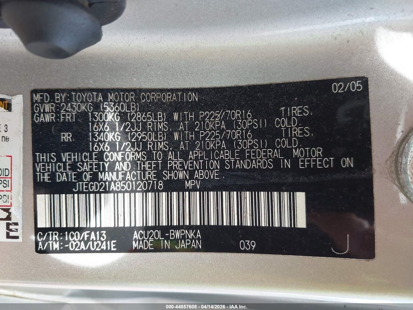 2005 Toyota Highlander VIN: JTEGD21A850120718 Lot: 44857608