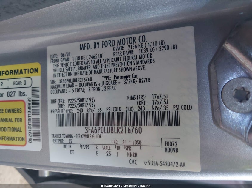 VIN 3FA6P0LU8LR216760 2020 FORD FUSION HYBRID SE