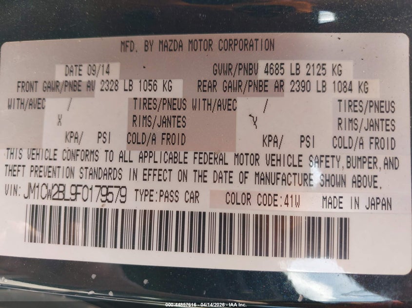 2015 Mazda Mazda5 Sport VIN: JM1CW2BL9F0179579 Lot: 44857616