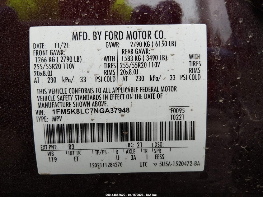 2022 Ford Explorer King Ranch VIN: 1FM5K8LC7NGA37948 Lot: 44857622