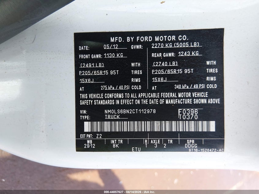 2012 Ford Transit Connect Xlt VIN: NM0LS6BN2CT112978 Lot: 44857627