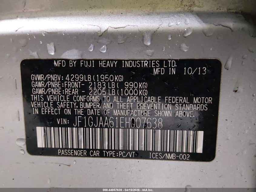 2014 Subaru Impreza 2.0I VIN: JF1GJAA61EH007638 Lot: 44857639