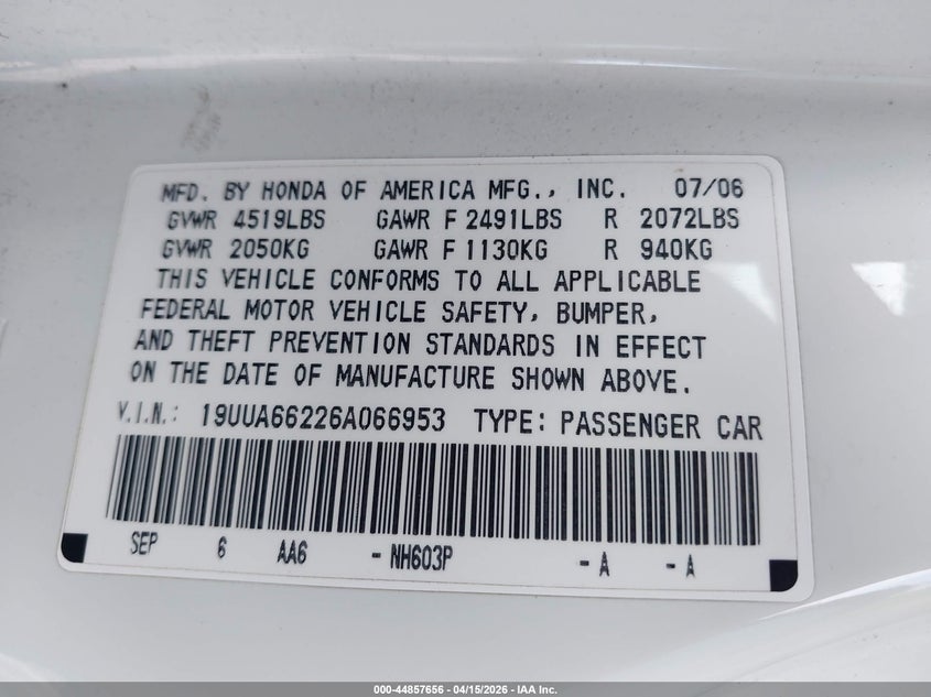 2006 Acura Tl VIN: 19UUA66226A066953 Lot: 44857656