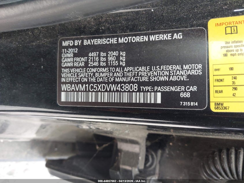 2013 BMW X1 Sdrive28I VIN: WBAVM1C5XDVW43808 Lot: 44857662