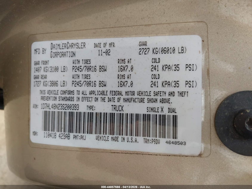 2003 Dodge Dakota Slt VIN: 1D7HL48N23S200393 Lot: 44857666