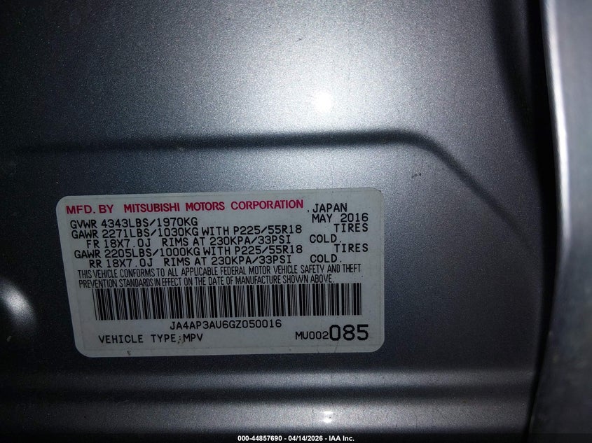 2016 Mitsubishi Outlander Sport 2.0 Es VIN: JA4AP3AU6GZ050016 Lot: 44857690