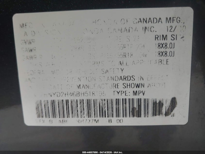 2011 Acura Mdx Technology Package VIN: 2HNYD2H46BH518195 Lot: 44857698