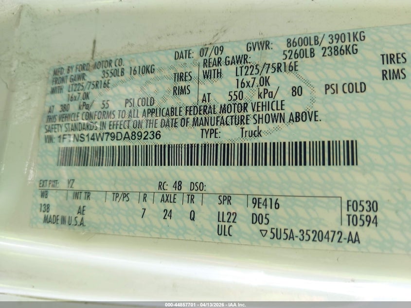 2009 Ford E-150 Commercial VIN: 1FTNS14W79DA89236 Lot: 44857701