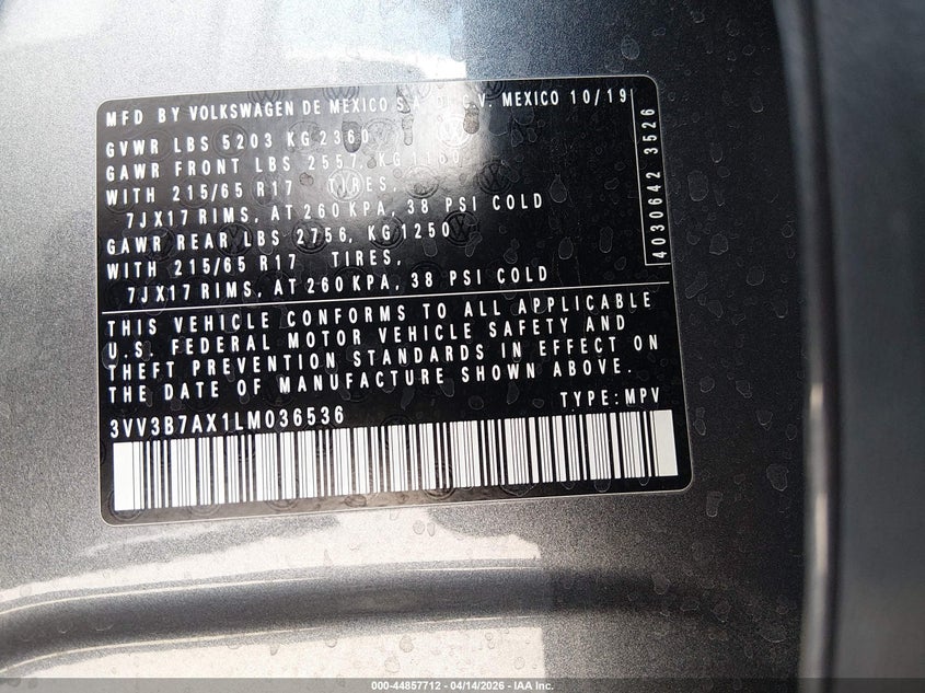 2020 Volkswagen Tiguan 2.0T Se/2.0T Se R-Line Black/2.0T Sel VIN: 3VV3B7AX1LM036536 Lot: 44857712