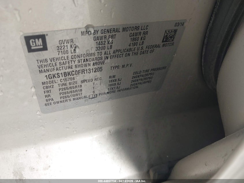 2015 GMC Yukon Slt VIN: 1GKS1BKC0FR131205 Lot: 44857734