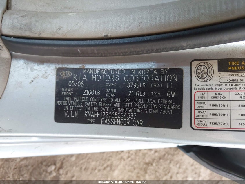 2006 Kia Spectra Ex/Lx/Sx VIN: KNAFE122065334537 Lot: 44857780