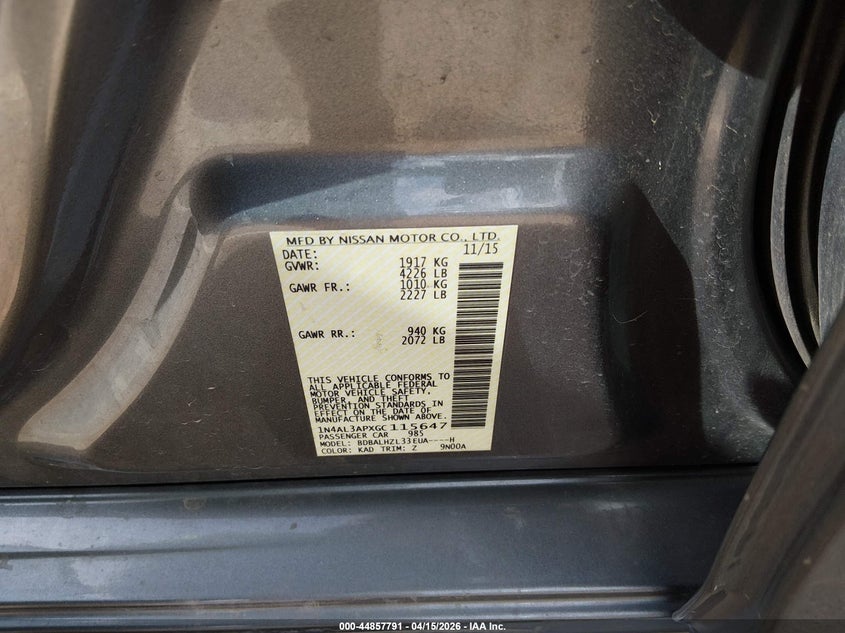 2016 Nissan Altima 2.5 Sr VIN: 1N4AL3APXGC115647 Lot: 44857791