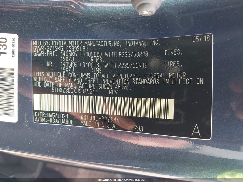 2018 Toyota Sienna Se 8 Passenger/Se Premium 8 Passenger VIN: 5TDXZ3DCXJS945241 Lot: 44857793