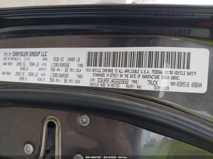2014 Ram 2500 Laramie VIN: 3C6UR5FJ4EG222622 Lot: 44857807