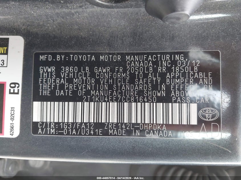 2012 Toyota Matrix L VIN: 2T1KU4EE7CC816450 Lot: 44857814