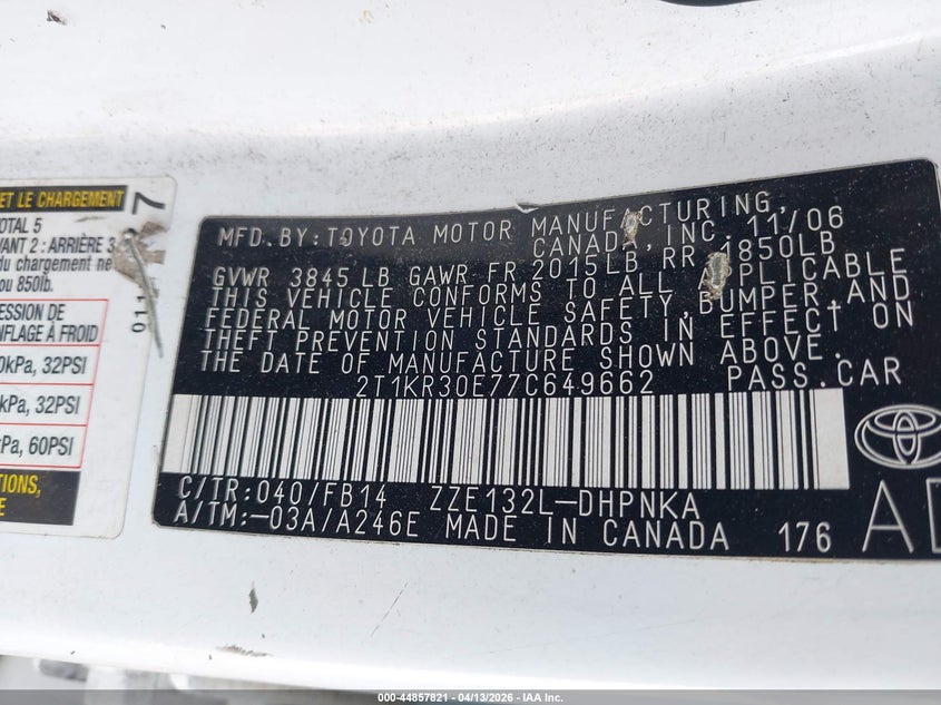 2007 Toyota Matrix Xr VIN: 2T1KR30E77C649662 Lot: 44857821